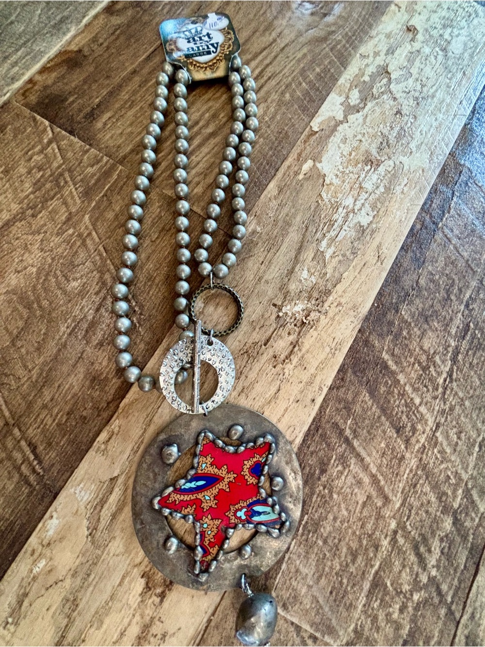 Artisan Hammered Metal Pendant Necklace with Paisley Star BNWT